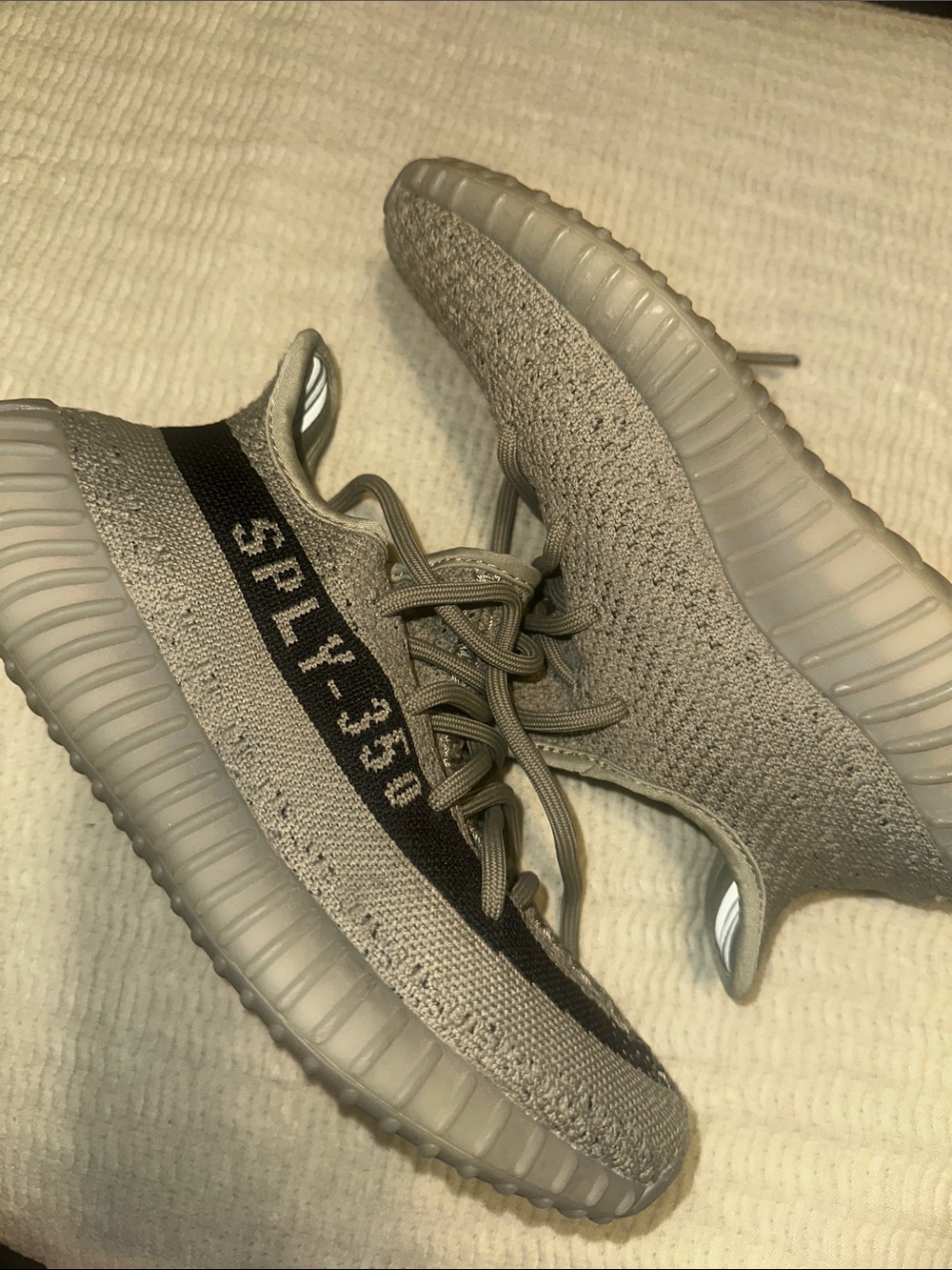SPLY-350 Yeezy 
Kids Grey Knit Athletic Sneakers with Black Stripe